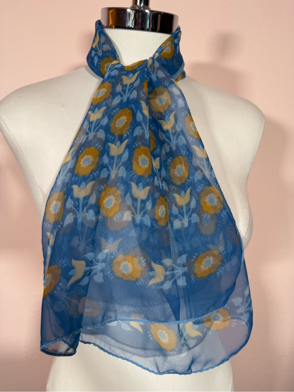 Vintage Cottagecore floral semi sheer blue tan long rectangular scarf